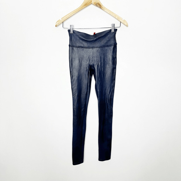 SPANX Faux Leather Leggings Navy Blue compression tummy control womens XS - Picture 2 of 4